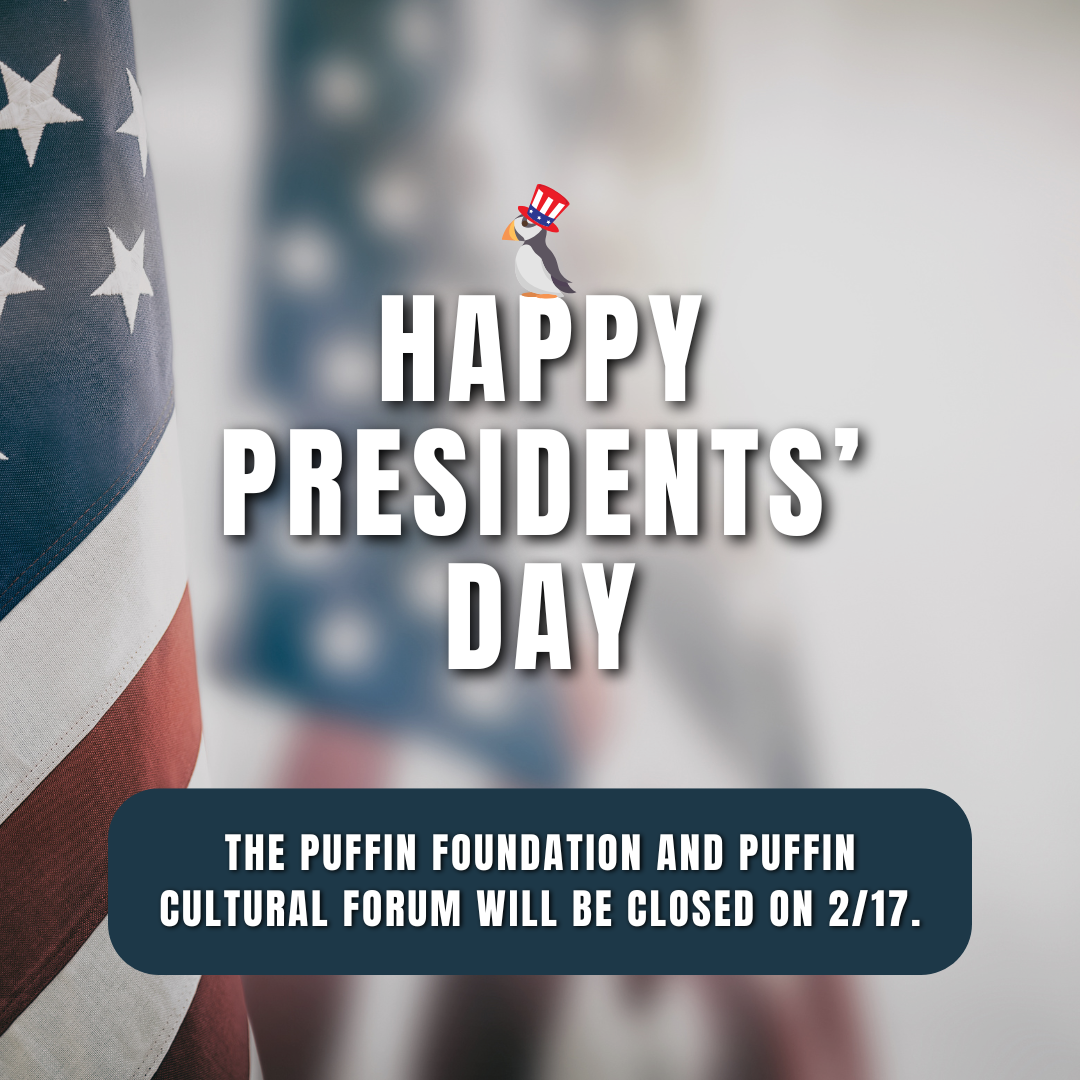 Happy Presidents Day text in font of an ameican flag and a cartoon puffin with an uncle sam hat